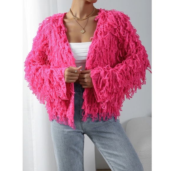 Hot Pink Fuzzy Open Knit Cardigan - Picture 4 of 9